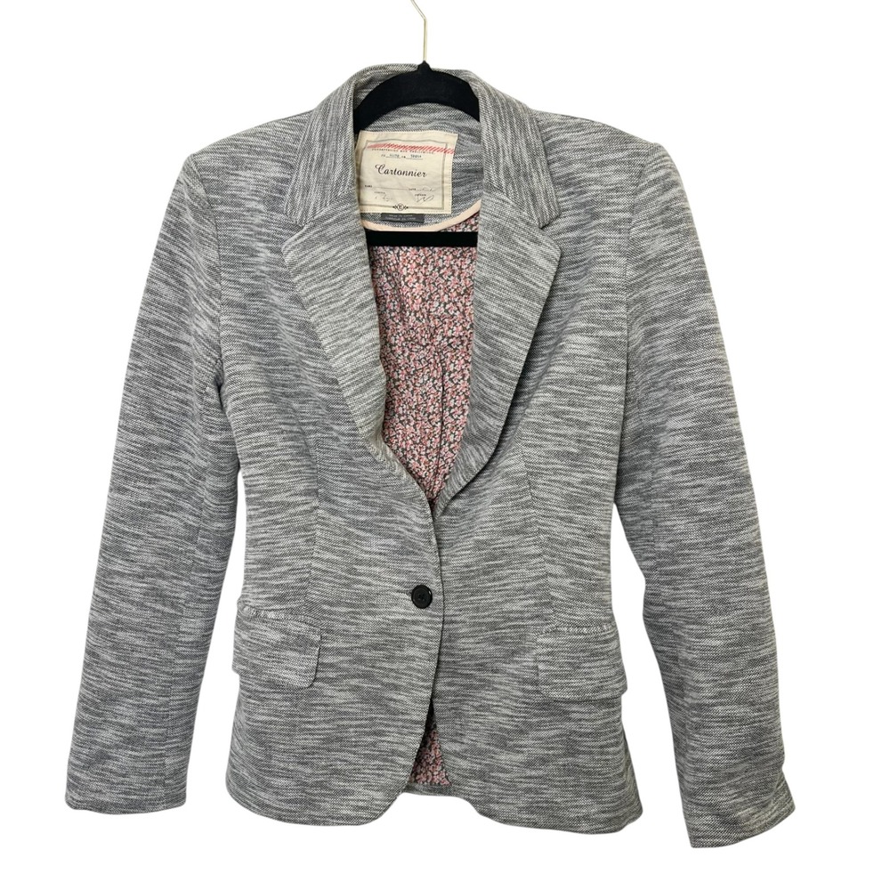 Cartonnier Anthropologie Gray Blazer Jacket One Button Floral Lined Career Work